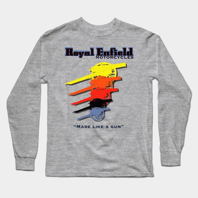 Retro Royal Enfield Motorcycles Made Like a Gun MotorManiac Long Sleeve T-Shirt by MotorManiac